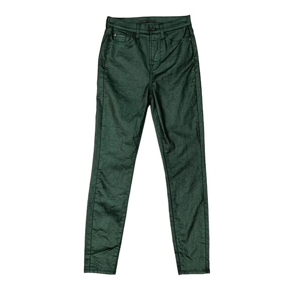 7 For All Mankind Pants Womens 25 Emerald Metallic Coated Twill Skinny High Rise - Picture 1 of 14